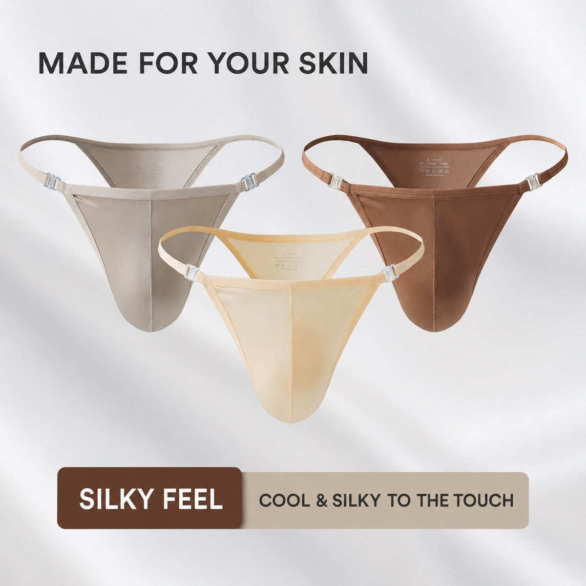 An infographic diagram titled "MADE FOR YOUR SKIN," detailing the material composition of the MemoSkin Smooth Low-Rise Men's Thong. It breaks down the main fabric as a smooth, breathable, flexible nylon-spandex knit (75% Polyamide, 25% Spandex) for second-skin comfort, and highlights the soft, comfortable cotton lining for the crotch area. This feature chart explains the comfort benefits of MemoSkin men's underwear.