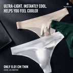 Ultra-light 0.01cm thin MemoSkin men's low-rise thong underwear in white, dark green, and beige, featuring instant cool-touch fabric for summer everyday comfort.
