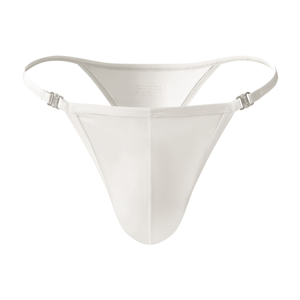A clean product photograph of the MemoSkin Smooth Low-Rise Men's Thong in white, presenting its front profile. The minimalist design with narrow side straps and flexible, smooth fabric provides invisible comfort and a fresh look. This comfortable, breathable everyday men's thong features a soft cotton lining and is part of a global men's underwear thong collection.