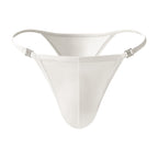 A clean product photograph of the MemoSkin Smooth Low-Rise Men's Thong in white, presenting its front profile. The minimalist design with narrow side straps and flexible, smooth fabric provides invisible comfort and a fresh look. This comfortable, breathable everyday men's thong features a soft cotton lining and is part of a global men's underwear thong collection.