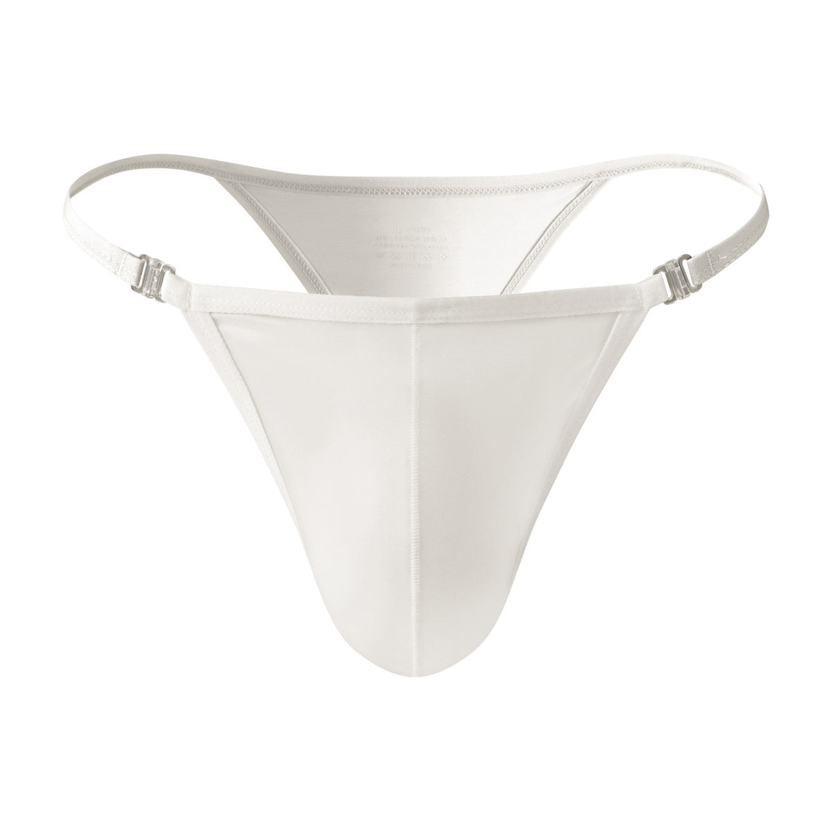 A clean product photograph of the MemoSkin Smooth Low-Rise Men's Thong in white, presenting its front profile. The minimalist design with narrow side straps and flexible, smooth fabric provides invisible comfort and a fresh look. This comfortable, breathable everyday men's thong features a soft cotton lining and is part of a global men's underwear thong collection.