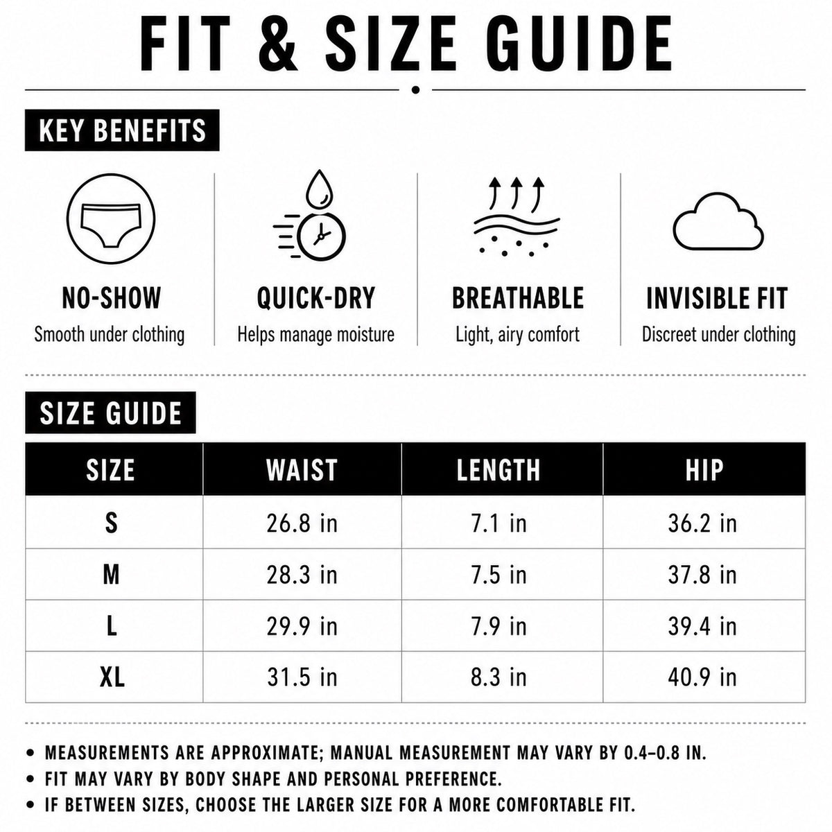 MemoSkin women's underwear size chart and fit guide providing waist measurements and sizing specifications from Small to Extra Large (S, M, L, XL).