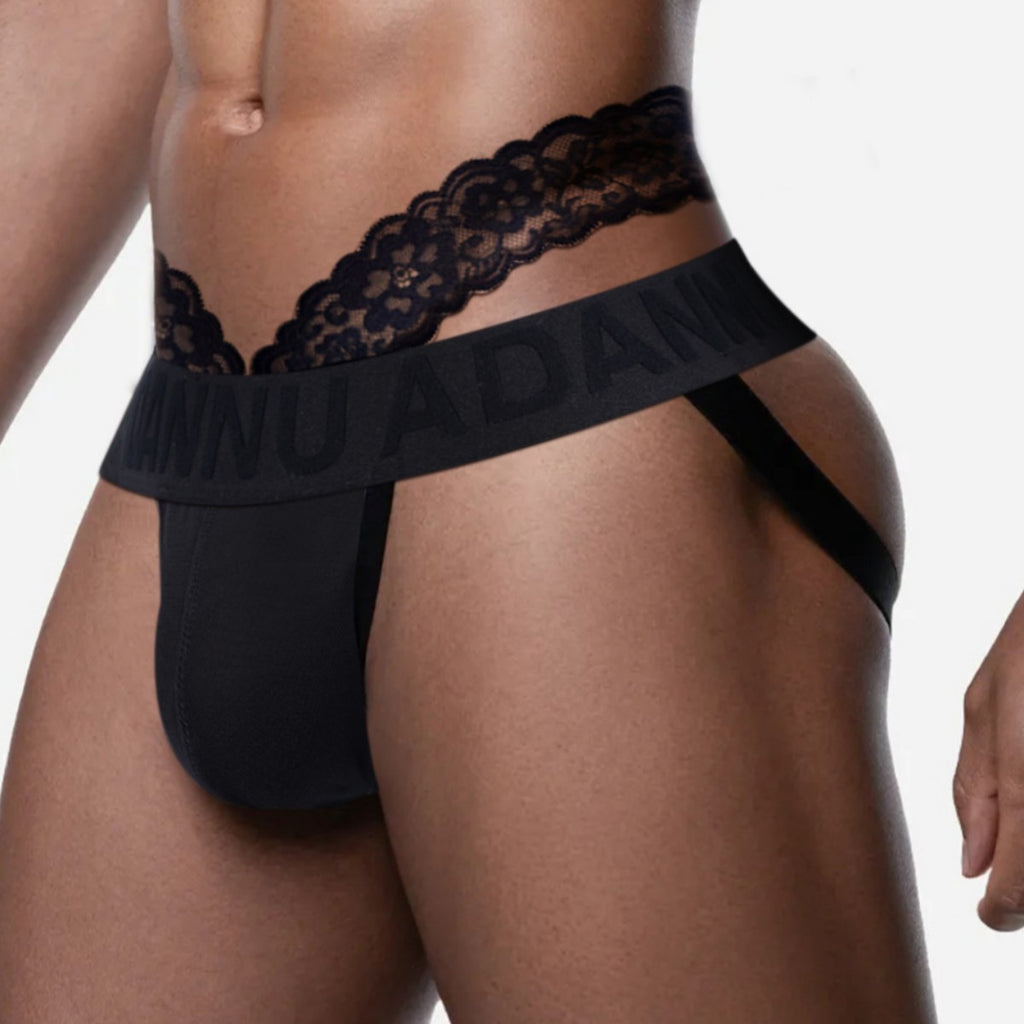 Side view of black men’s lace jockstrap with open-back straps