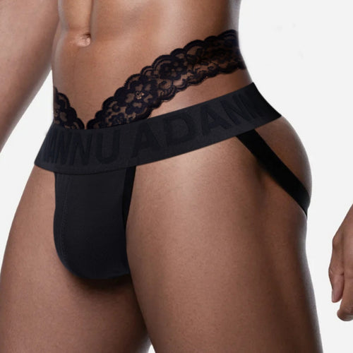Side view of black men’s lace jockstrap with open-back straps