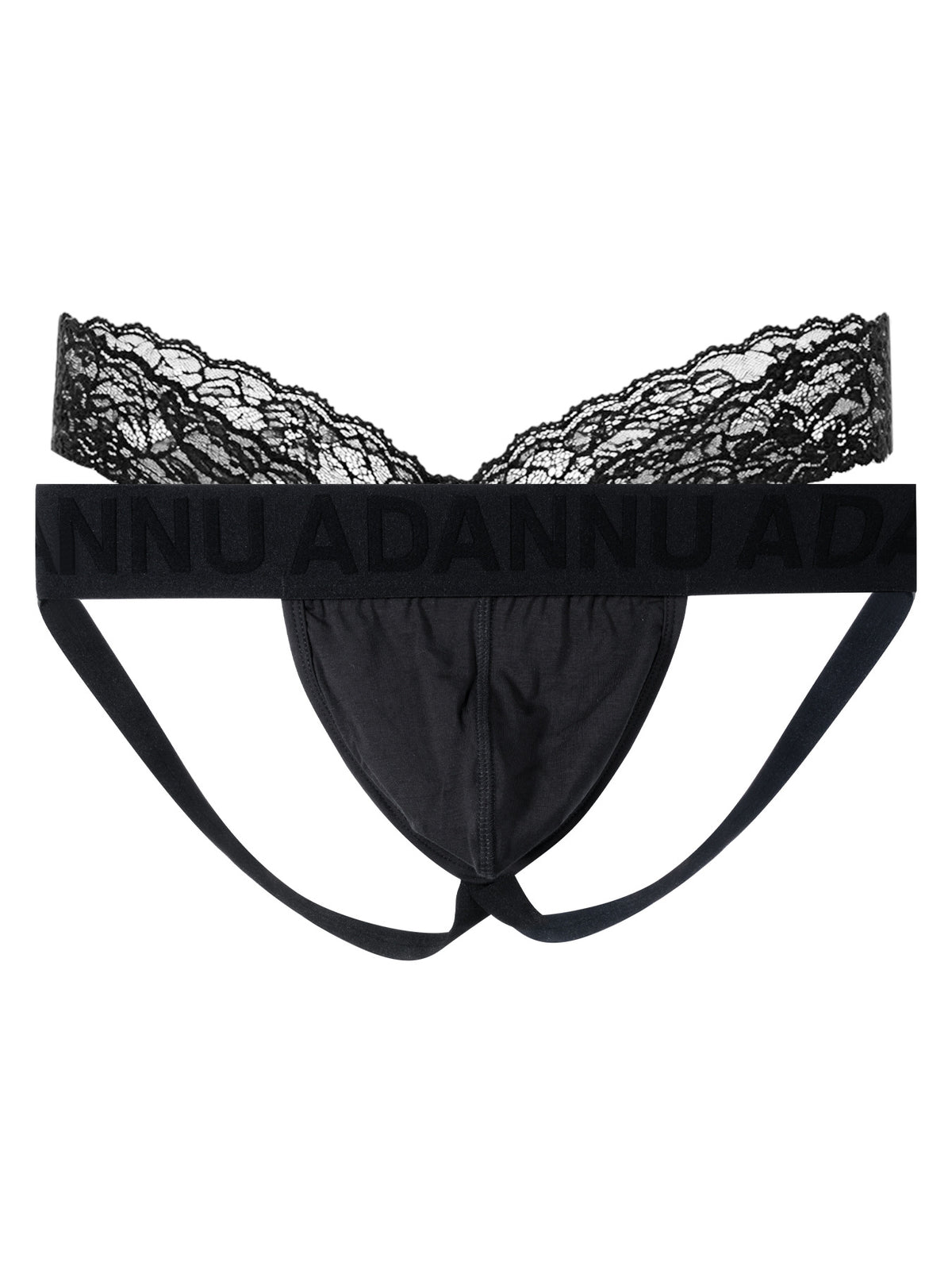 Black men’s V-lace jockstrap underwear on a plain background