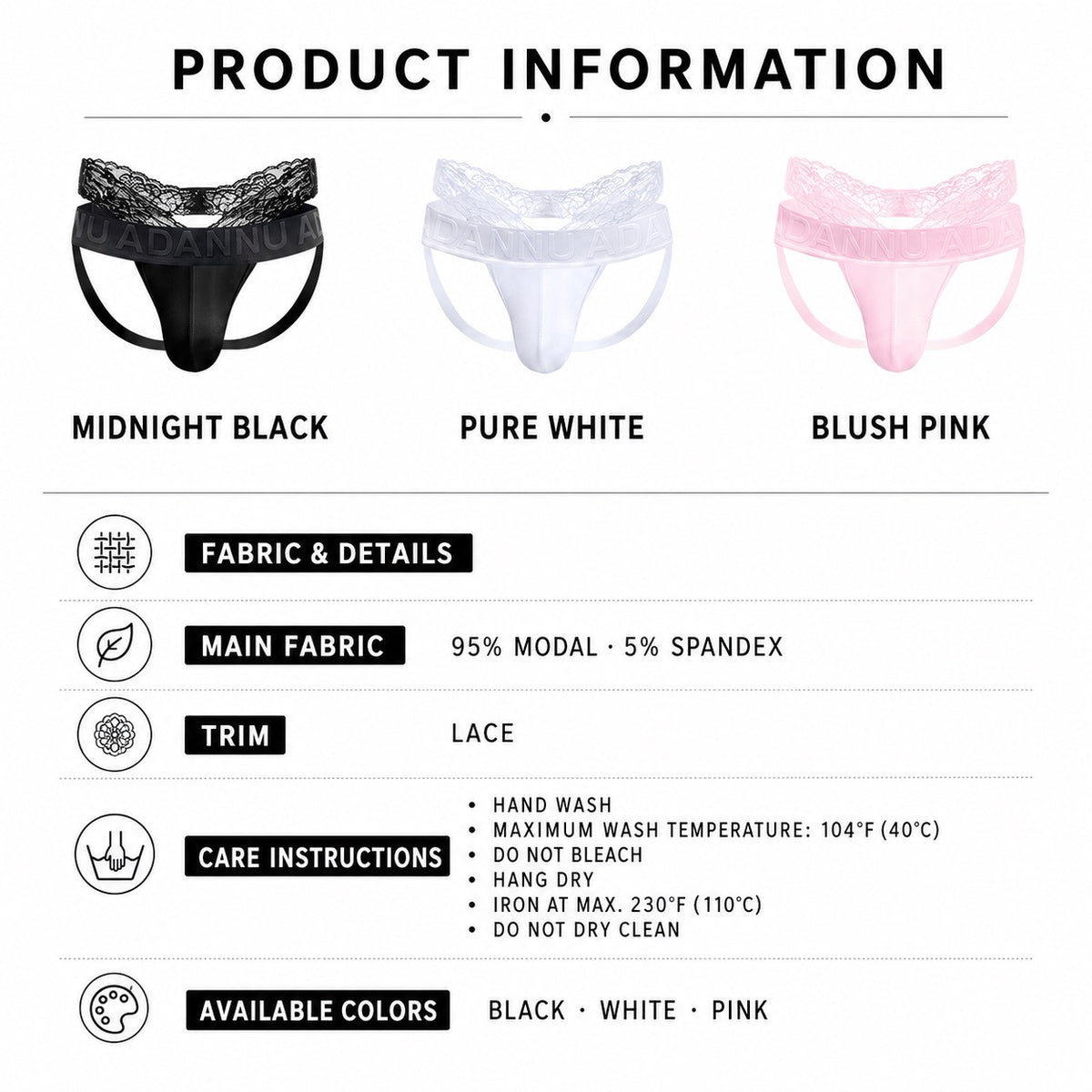 Men’s jockstrap colors and 95% modal, 5% spandex material details