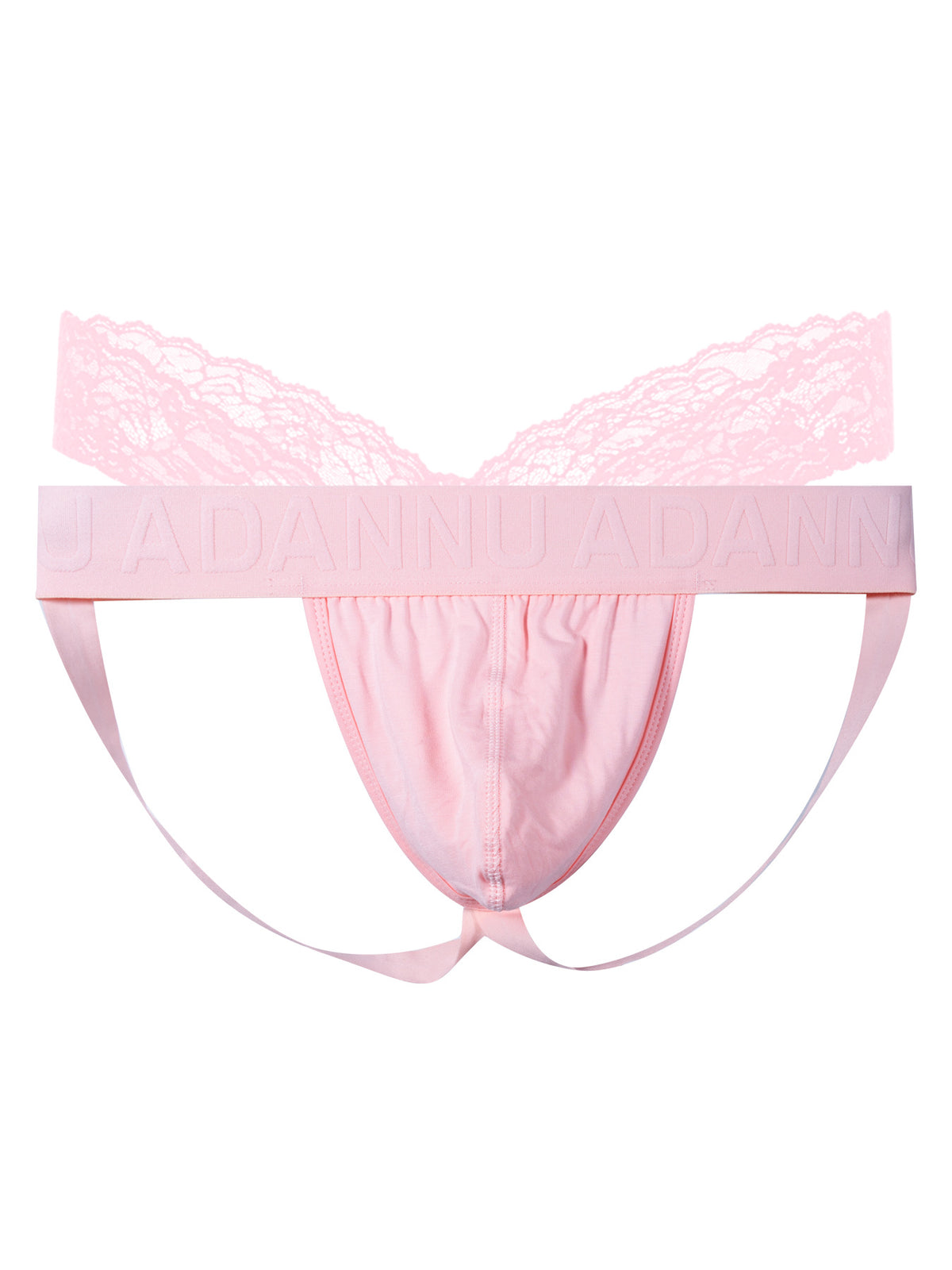 Pink men’s V-lace jockstrap underwear on a plain background