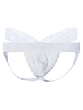 White men’s V-lace jockstrap underwear on a plain background