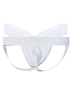 White men’s V-lace jockstrap underwear on a plain background